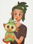  1boy ay_(1054105084) black_shirt blush bright_pupils commentary dark-skinned_male dark_skin green_hair grey_eyes grookey hau_(pokemon) highres holding holding_pokemon imitating male_focus pokemon pokemon_(creature) pokemon_(game) pokemon_sm shirt short_hair short_ponytail simple_background tongue tongue_out upper_body white_background white_pupils 