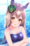  1girl :d animal_ears bare_arms bare_shoulders blue_swimsuit blush breasts brown_hair cleavage collarbone commentary_request highres horse_ears long_hair looking_at_viewer medium_breasts multicolored_hair one-piece_swimsuit partially_submerged pool poolside red_eyes satono_diamond_(umamusume) smile solo swimsuit tomo_(tmtm_mf_mf) two-tone_hair umamusume water wet white_hair 