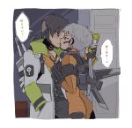  1boy 1girl apex_legends ass black_eyes black_hair black_jacket black_shirt brown_eyes crypto_(apex_legends) gloves green_vest grey_hair hair_behind_ear hand_in_pocket hetero highres holding_hands imminent_kiss jacket jetpack nojima_minami partially_fingerless_gloves shirt speech_bubble tongue tongue_out translation_request valkyrie_(apex_legends) vest white_jacket 