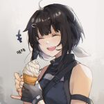  +++ 1girl :d arknights bangs bare_shoulders black_gloves black_hair blush breasts closed_eyes commentary_request eyebrows_visible_through_hair facing_viewer fingerless_gloves food gloves hair_ornament hairclip highres holding holding_food holding_spoon ice_cream ice_cream_cone la_pluma_(arknights) laughing medium_breasts open_mouth partial_commentary sachimint short_hair sleeveless smile soft_serve solo spoon teeth translation_request upper_teeth 