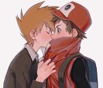  2boys ay_(1054105084) backpack bag baseball_cap black_shirt blue_oak blush brown_eyes brown_hair closed_eyes coat commentary from_side hands_up hat high_collar highres jacket kiss long_sleeves male_focus multiple_boys pokemon pokemon_(game) pokemon_hgss pokemon_masters_ex red_(pokemon) red_coat red_headwear shirt short_hair simple_background sleeveless_coat spiked_hair upper_body white_background yaoi 