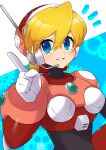  1girl :d alia_(mega_man) android blonde_hair blue_eyes commentary dated eyebrows_visible_through_hair eyelashes gears hair_between_eyes headset highres index_finger_raised looking_at_viewer mega_man_(series) mega_man_x_(series) open_mouth pink_armor robot robot_ears signature smile solo teeth tobitori two-tone_background upper_teeth 