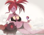  1girl bangs black_bra black_panties blurry bra breasts cleavage closed_mouth collarbone commentary criss-cross_halter eyelashes flannery_(pokemon) halterneck leaning long_hair looking_at_viewer navel panties poke_ball poke_ball_(basic) pokemon pokemon_(creature) pokemon_(game) pokemon_rse ponytail reclining red_eyes red_hair smile steam torkoal underwear vivivoovoo 