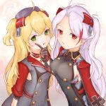  2girls admiral_hipper_(azur_lane) ahoge antenna_hair armpit_cutout azur_lane bangs blonde_hair blush breasts buttons choker closed_mouth clothing_cutout collarbone commentary_request cowboy_shot cross crossed_bangs double-breasted dress elbow_sleeve eyebrows_visible_through_hair finger_to_another&#039;s_cheek flat_chest gloves green_eyes grey_dress grey_gloves hair_between_eyes hand_up hat headgear highres iron_cross large_breasts long_hair long_sleeves looking_at_viewer mole multicolored_hair multiple_girls peaked_cap pout prinz_eugen_(azur_lane) red_eyes red_hair red_sleeves side_cutout sideboob sidelocks silver_hair standing streaked_hair swept_bangs taka-8g twitter_username two_side_up 