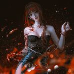  1girl artist_name bangs bare_shoulders black_nails blood blood_on_arm blood_on_breasts blood_on_chest blood_on_clothes blood_on_face blood_on_hands blood_splatter blurry blurry_background blurry_foreground braid braided_ponytail breasts chain chainsaw_man commentary depth_of_field dress english_commentary highres hime_cut lace long_hair looking_at_viewer makeup makima_(chainsaw_man) mascara medium_breasts mixed-language_commentary motion_blur nixeu red_eyes red_hair red_lips sidelocks solo strapless strapless_dress tube_dress 