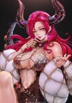  1girl bare_shoulders blue_eyes breasts dragon_queen_hane dress earrings feather_boa highres horns indie_virtual_youtuber jewelry large_breasts light_smile lips long_hair looking_at_viewer magion02 mechanical_horns mechanical_tail metal_bikini midriff multicolored_eyes navel one_eye_closed red_eyes red_hair shiny shiny_hair shiny_skin simple_background solo tail 