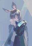  1girl amiya_(arknights) animal animal_ears arknights bangs black_jacket brown_hair bunny closed_mouth crying highres holding holding_animal jacket jewelry long_hair long_sleeves majiang rabbit_ears rabbit_girl ring tears 