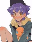  1boy ay_(1054105084) bags_under_eyes bangs baseball_cap black_headwear black_shorts blush charmander closed_mouth commentary eyelashes fur-trimmed_jacket fur_trim hat highres jacket leon_(pokemon) male_focus medium_hair pokemon pokemon_(creature) pokemon_(game) pokemon_swsh purple_hair shorts simple_background smile spread_legs strap white_background younger 