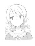  1girl collarbone cropped_torso dress drill_hair expressionless eyebrows_visible_through_hair greyscale idolmaster idolmaster_cinderella_girls looking_away medium_hair monochrome morikubo_nono ringlets simple_background sketch solo uccow upper_body 