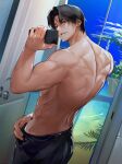  1boy absurdres back bara black_hair black_towel cloud day door earrings green_eyes highres holding holding_phone jewelry looking_at_phone magicxbai male_focus muscular muscular_male open_door original phone short_hair sky smile solo towel towel_around_waist 