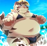  2022 anthro belly big_belly clothed clothing crossdressing detailed_background felid humanoid_hands kemono licho_(tas) lifewonders male mammal moobs navel outside overweight overweight_male pantherine ptcmtr solo swimwear tiger tokyo_afterschool_summoners video_games water white_body 
