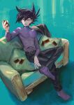  1boy :d aoki_(fumomo) bangs belt belt_buckle black_belt black_hair black_pants buckle card couch full_body hair_between_eyes highres holding holding_card leaning_back long_hair long_sleeves male_focus manjoume_jun open_mouth pants purple_footwear purple_shirt shirt sitting smile solo spiked_hair yu-gi-oh! yu-gi-oh!_gx 