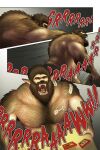  2022 anthro awarebear bandage beard bodily_fluids body_hair bottomwear chest_hair claws clothed clothing comic curtis_(awarebear) expansion eyes_closed facial_hair fur fur_pattern growling growth hairy hi_res holding_object humanoid intense male mammal muscle_growth muscular muscular_male nipples open_mouth prick_ears screaming sharp_claws sharp_teeth shirtless shorts snout solo species_transformation sweat teeth text tight_clothing transformation transformation_sequence ursid were wereursid 