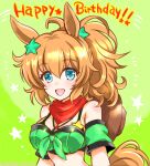  1girl :d animal_ears bandana bandeau bangs bare_shoulders bikini bikini_under_clothes blue_eyes blush breasts brown_hair cleavage commentary_request detached_sleeves eyebrows_visible_through_hair front-tie_top green_background hair_between_eyes hair_ornament happy_birthday horse_ears kuromori_yako large_breasts long_hair looking_at_viewer midriff open_mouth ponytail short_sleeves smile solo star_(symbol) star_hair_ornament strapless swimsuit taiki_shuttle_(umamusume) tail tube_top umamusume upper_body 