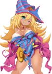  1girl absurdres blonde_hair blue_headwear blush_stickers breasts cleavage dark_magician_girl duel_monster gem green_eyes hat hexagram highres huuuna jewelry large_breasts necklace pentacle pentagram solo staff tan tanlines thighhighs wand wizard_hat yu-gi-oh! 