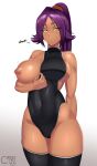  1girl :/ absurdres arm_behind_back bangs bare_shoulders black_legwear black_swimsuit bleach breasts castell covered_navel dark-skinned_female dark_skin english_text hairband hand_on_own_chest high_ponytail highres large_breasts long_hair looking_at_viewer nipples one-piece_swimsuit one_breast_out orange_hairband parted_bangs purple_hair shihouin_yoruichi sideboob sidelocks signature skindentation solo swimsuit thighhighs thighs toned yellow_eyes 