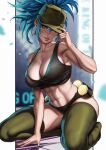  1girl abs ammunition_belt bare_shoulders blue_eyes blue_hair breasts cleavage collarbone dandon_fuga earrings hand_on_headwear hat highres jewelry large_breasts leona_heidern looking_at_viewer muscular muscular_female nail_polish navel one_eye_covered seiza sitting skindentation solo tank_top the_king_of_fighters thighhighs triangle_earrings underwear 
