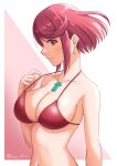  1girl absurdres bangs bikini breasts chest_jewel cleavage earrings gem highres jewelry large_breasts pyra_(xenoblade) red_eyes red_hair ryochan96154 short_hair solo swept_bangs swimsuit xenoblade_chronicles_(series) xenoblade_chronicles_2 