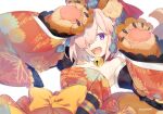  1girl alternate_costume animal_ears animal_hands bare_shoulders bell commentary_request cosplay detached_sleeves eyebrows_visible_through_hair fake_animal_ears fake_tail fate/grand_order fate_(series) fox_ears fox_tail gloves hair_over_one_eye jam8686 japanese_clothes jingle_bell kimono light_purple_hair mash_kyrielight mixed-language_commentary neck_bell obi one_eye_covered open_mouth orange_kimono paw_gloves purple_eyes sash short_hair smile solo tail tamamo_(fate) tamamo_cat_(fate) tamamo_cat_(fate)_(cosplay) tongue twitter_username upper_body white_background wide_sleeves 