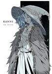  1girl blue_eyes blue_hair character_name colored_skin dress elden_ring extra_arms floozybear fur_cloak grey_headwear grey_skin hat highres long_dress long_hair looking_at_viewer one_eye_closed parted_lips ranni_the_witch solo white_dress witch_hat 