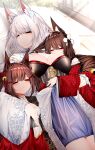  absurdres akagi-chan_(azur_lane) amagi-chan_(azur_lane) animal_ears azur_lane bangs bell blunt_bangs bow breasts brown_hair cleavage commentary_request eyebrows_visible_through_hair eyeshadow fox_ears fox_girl fox_tail hair_bell hair_between_eyes hair_bow hair_ornament hair_ribbon highres japanese_clothes kaga_(azur_lane) kyuubi long_hair lying makeup multiple_tails parted_lips ribbon rope samip shimenawa short_hair sidelocks sleeping tail twintails white_hair wide_sleeves 