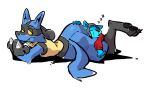  anthro big_butt black_body black_fur blue_body blue_fur butt chest_tuft clothed clothing crossed_arms domestic_ferret eyes_closed facial_markings fangs fur hand_on_butt head_markings looking_back lucario lying male mammal markings mask_(marking) mustela mustelid musteline nintendo on_front pok&eacute;mon pok&eacute;mon_(species) pok&eacute;mon_trainer simple_background skip_(skipperz) skipperz sleeping solo sound_effects spikes topwear true_musteline tuft video_games white_background yellow_body yellow_eyes yellow_fur zzz 