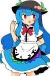  1girl :d arm_behind_back bangs black_headwear blouse blue_hair blue_skirt bow bowtie center_frills cowboy_shot eyebrows_visible_through_hair food frills fruit hinanawi_tenshi ini_(inunabe00) leaf long_hair looking_to_the_side open_mouth peach rainbow_order red_bow red_bowtie red_eyes short_sleeves simple_background skirt smile solo standing touhou white_background white_blouse 
