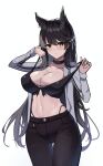  1girl absurdres alternate_costume animal_ear_fluff animal_ears atago_(azur_lane) azur_lane bangs black_bra black_choker black_hair black_legwear bra breasts choker cleavage closed_mouth collarbone commentary cowboy_shot eyebrows_visible_through_hair hair_between_eyes hair_ribbon highleg highleg_panties highres large_breasts long_hair looking_at_viewer manu_(pixiv41646715) midriff navel open_clothes open_shirt panties pants panty_straps pulled_by_self ribbon shirt sidelocks simple_background solo standing strap_pull thigh_gap underwear very_long_hair white_background white_ribbon white_shirt yellow_eyes 