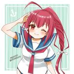  1girl ahoge anchor_symbol blue_background blue_sailor_collar cocoperino hair_ribbon i-168_(kancolle) kantai_collection leaning_forward long_hair neckerchief one-hour_drawing_challenge one_eye_closed pink_hair pink_neckerchief ponytail red_eyes red_hair ribbon sailor_collar salute school_uniform serafuku shirt solo striped striped_background white_shirt 