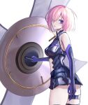  1girl armor armored_dress bare_shoulders black_dress breasts cowboy_shot dokudokku dress elbow_gloves eyebrows_visible_through_hair fate/grand_order fate_(series) gloves hair_over_one_eye highres mash_kyrielight pink_hair purple_eyes shield short_hair solo white_background 