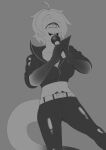  absurd_res belt black_and_white clothing cyclops female gradient_tail hi_res leather leather_clothing linda_(character) microphone monochrome navel rage_(artist) singing solo tailclops_(race) tailclops_(species) 
