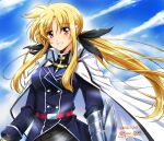  1girl artist_name blonde_hair blush breasts dated eyebrows_visible_through_hair fate_testarossa hair_ribbon large_breasts long_hair looking_at_viewer lyrical_nanoha mahou_shoujo_lyrical_nanoha_strikers military military_uniform red_eyes ribbon san-pon shiny shiny_hair sky smile solo uniform upper_body 