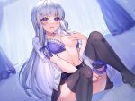  1girl arena_(company) bangs bed black_legwear black_skirt blue_bra blue_panties blunt_bangs blush bra breasts breasts_apart collarbone curtains eyebrows_visible_through_hair hand_on_own_chest kirushi_(killcy) knee_up light_blue_hair long_hair looking_at_viewer medium_breasts midriff navel no_shoes open_bra original panties panties_around_one_leg panties_removed purple_eyes see-through_shirt shirt sitting skirt solo stomach straight_hair sweat teardrop thighhighs thighs underwear very_long_hair white_shirt window 