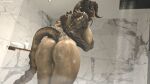  2021 3d_(artwork) anthro artist_name bethesda_softworks big_breasts big_butt breasts butt claws covering covering_breasts covering_self curvy_figure darkflash23 deathclaw detailed_background digital_media_(artwork) fallout female fingers forked_tongue hi_res holding_breast horn huge_breasts huge_butt inside long_tail looking_at_viewer looking_back nude scales scalie sharp_teeth shower showering solo source_filmmaker tan_body tan_scales teeth thick_thighs tongue tongue_out video_games voluptuous wide_hips yellow_eyes 