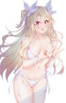  1921494015 1girl absurdres bangs bikini blonde_hair breasts cleavage cowboy_shot fate/kaleid_liner_prisma_illya fate_(series) hair_ornament hair_ribbon heart heart_hands highres illyasviel_von_einzbern large_breasts long_hair looking_at_viewer navel purple_eyes ribbon side-tie_bikini simple_background solo swimsuit thigh_strap thighs tongue tongue_out white_background white_bikini white_ribbon 