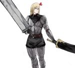  1girl armor blonde_hair blue_eyes braid dual_wielding elden_ring highres holding long_hair looking_at_viewer original simple_background solo sword tarnished_(elden_ring) weapon white_background yourfreakyneighbourh 