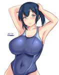  1girl blue_eyes blue_hair blue_swimsuit blush breasts cleavage comb competition_swimsuit covered_navel cowboy_shot dated eyebrows_visible_through_hair hair_between_eyes highres kantai_collection large_breasts looking_at_viewer medium_hair montemasa one-piece_swimsuit simple_background solo souryuu_(kancolle) swimsuit twintails twitter_username white_background 