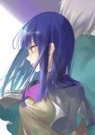  1boy 1girl absurdres back-to-back blue_hair capelet character_request dress_shirt grey_capelet grey_shirt highres long_hair momoyama_hinase parted_lips profile purple_neckwear red_eyes shiny shiny_hair shirt silver_hair straight_hair upper_body w 
