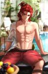  1boy bara closed_mouth day esther_shen fantasy fruit_basket granblue_fantasy large_pectorals looking_at_viewer male_focus muscular muscular_male open_clothes open_shirt pectorals percival_(granblue_fantasy) red_eyes red_hair shorts sitting smile solo water 