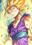  1boy aura blonde_hair blood blood_on_face child clenched_hands closed_mouth collarbone commentary debris dragon_ball dragon_ball_z electricity forehead green_eyes highres male_focus pointy_nose senri_gan serious short_hair sleeveless solo son_gohan spiked_hair toned toned_male torn_clothes upper_body v-shaped_eyebrows 