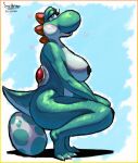  &lt;3 3_toes anthro bedroom_eyes big_breasts big_butt blush border breasts butt claws curvy_figure egg feet female green_body green_nipples hi_res looking_at_viewer mario_bros narrowed_eyes nintendo nipples nude scalie seductive simple_background sitting solo soulharvest thick_thighs toe_claws toes video_games voluptuous yoshi yoshi_egg 