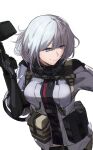  1girl absurdres black_bodysuit bodysuit breasts girls&#039;_frontline gun highres holding holding_weapon la13 large_breasts light_machine_gun purple_eyes rpk-16 rpk-16_(girls&#039;_frontline) short_hair short_sleeves silver_hair simple_background smile solo tactical_clothes upper_body weapon white_background 