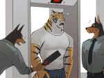 anthro beep belt bottomwear canid canine canis clothed clothing dobermann domestic_dog earpiece felid group hi_res k0bit0wani looking_at_another looking_up male mammal metal_detector necktie pantherine pants pinscher scanner security security_guard security_uniform shirt surprise surprised_expression surprised_face tiger topwear 