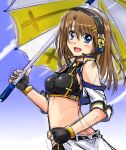  1girl bare_shoulders black_gloves blue_eyes blush breasts brown_hair fingerless_gloves gloves hair_ornament hairclip headphones large_breasts looking_at_viewer lyrical_nanoha mahou_shoujo_lyrical_nanoha_strikers midriff open_mouth race_queen san-pon shiny shiny_hair short_hair sideboob sketch sky smile solo umbrella upper_body yagami_hayate 