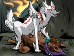  amaterasu anatomically_correct anatomically_correct_genitalia anatomically_correct_penis anatomically_correct_pussy animal_genitalia animal_penis animal_pussy bandanna canid canine canine_penis canine_pussy canis capcom chu_(okami) deity domestic_dog dominant dominant_female duo female feral fire genitals kerchief knot male male/female mammal muskydusky nipples penis pussy riding sex tongue tongue_out video_games wolf ōkami 