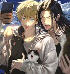  2boys animal black_hair blue_hair cat cellphone character_request cloud cloudy_sky copyright_request holding holding_animal looking_at_phone multiple_boys open_mouth outdoors phone runa_(artist) sky smartphone taking_picture tongue tongue_out too_many too_many_cats 