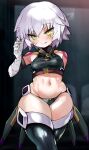  1girl bandaged_arm bandages black_panties blush breasts fate/apocrypha fate_(series) green_eyes highres jack_the_ripper_(fate/apocrypha) navel panties scar scar_across_eye scar_on_cheek scar_on_face shimejinameko shiny shiny_hair shiny_skin short_hair shoulder_tattoo skindentation small_breasts solo standing tattoo thighs underwear white_hair 