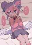  1girl bare_shoulders bed_sheet blush bow bow_choker clenched_hands commentary_request dadadada_tenshi double_bun feathered_wings feet_out_of_frame grey_bow grey_skirt hair_between_eyes hair_bow highres knees_together_feet_apart long_sleeves looking_away low_wings lying midriff_peek navel off-shoulder_sweater off_shoulder on_back original own_hands_together parody parted_lips pink_eyes pink_hair pink_sweater pleated_skirt richard_(richaball) skirt sleeves_past_wrists solo sound_effects style_parody sweater terada_tera_(style) translation_request white_wings wings 