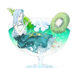  1girl blue_hair closed_eyes cocktail cocktail_flower cocktail_glass cup dress drinking_glass flower flower_on_liquid food fruit hair_flower hair_ornament highres hinomori_shizuku kiwi_(fruit) kiwi_slice light_blue_hair long_hair more_more_jump!_(project_sekai) nobita_ramen partially_submerged plant project_sekai ribbon smile solo sugar_cube 