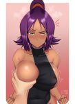 1girl absurdres annoyed bangs bare_shoulders black_swimsuit bleach blush border breast_grab breasts castell clenched_hands covered_navel covered_nipples grabbing hairband high_ponytail highres long_hair one-piece_swimsuit orange_hairband parted_bangs pov purple_hair raised_eyebrow shihouin_yoruichi sideboob sidelocks signature sweatdrop swimsuit white_border yellow_eyes 